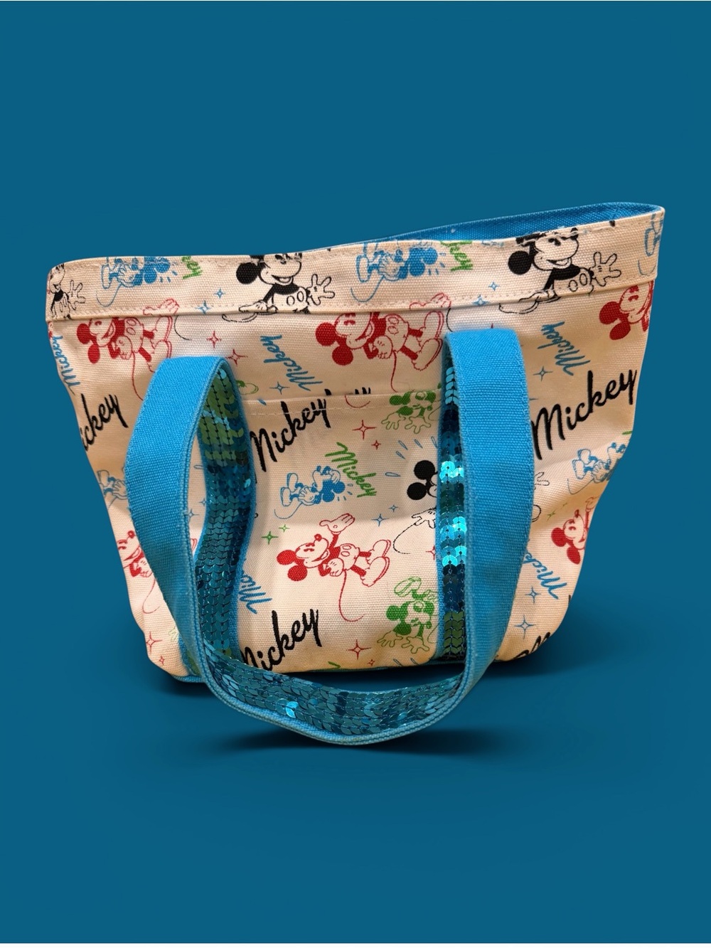Disney Mickey Mouse Cream Canvas Tote with Blue Sequin Handles